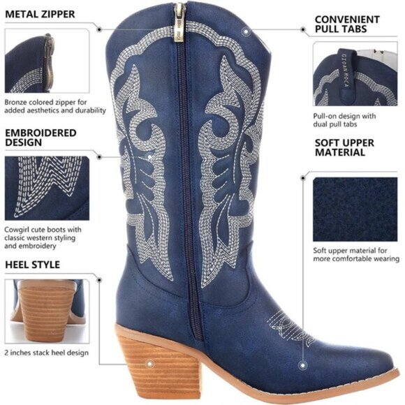 ⭐ Women's Embroidered Cowboy Boots - Retro Western Pointed Toe Chunky Heel - Picture 2 of 5